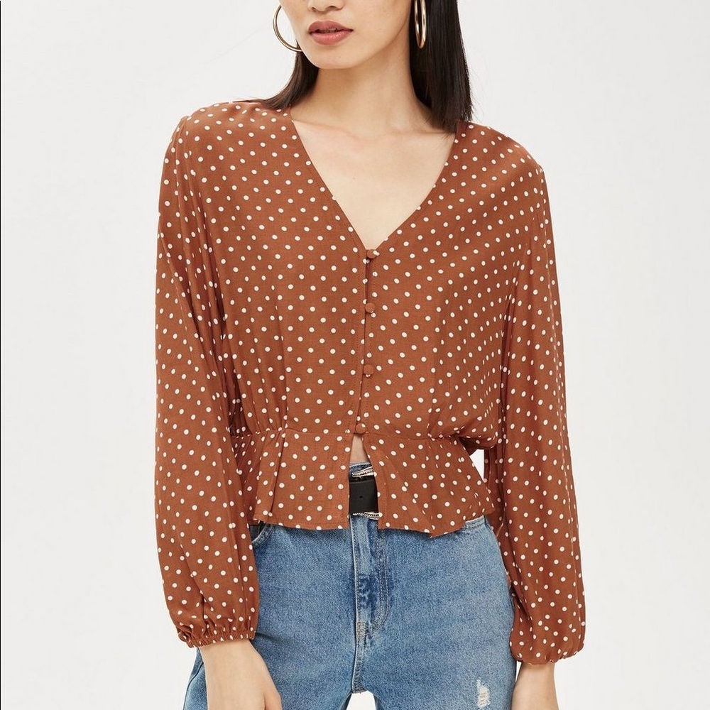 Topshop Crop Polka Dot Button Blouse